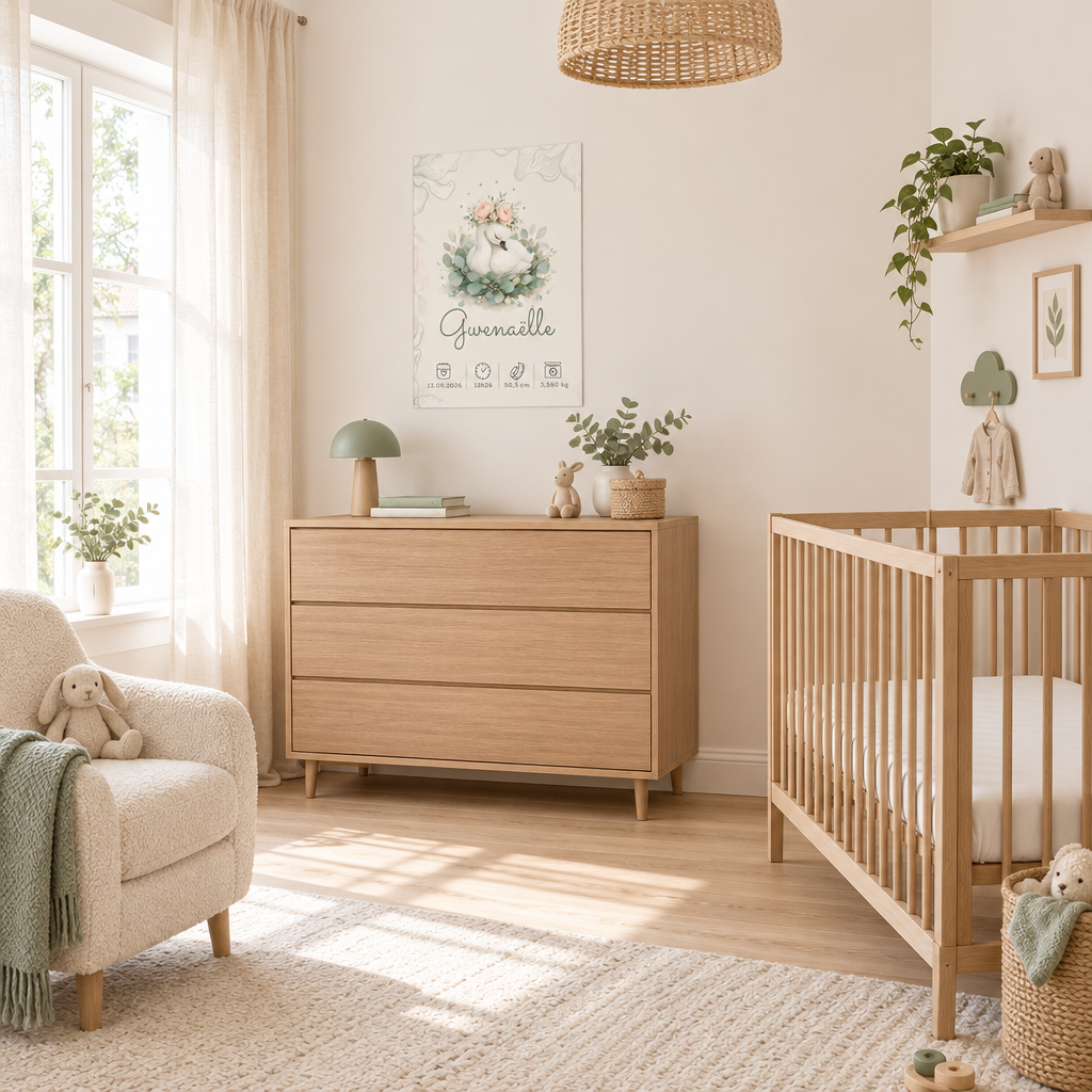 Affiche Gwenaëlle sans cadre dans une chambre de bébé lumineuse
