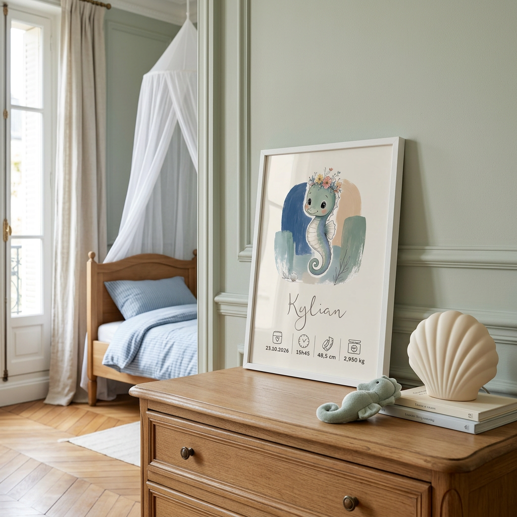Affiche Hippocampe Kylian dans un cadre blanc posé sur une commode en chêne, dans une chambre d’enfant française à la décoration marine douce