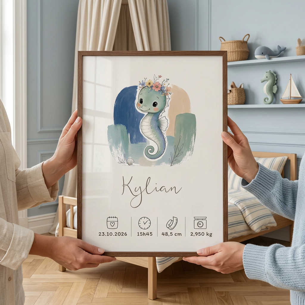 Affiche Hippocampe Kylian dans un cadre bois foncé, offerte en cadeau dans une chambre d’enfant française à l’ambiance marine