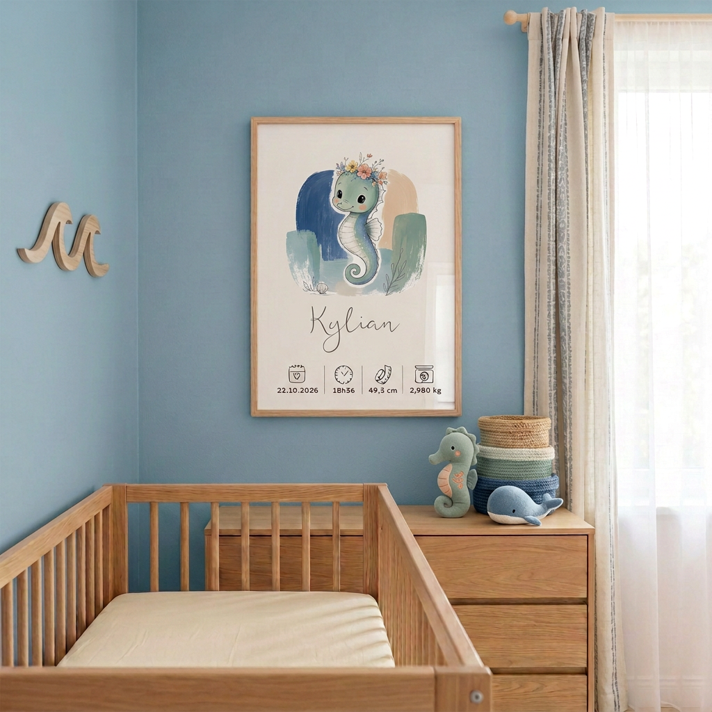 Affiche Hippocampe Kylian encadrée dans une chambre bébé bord de mer