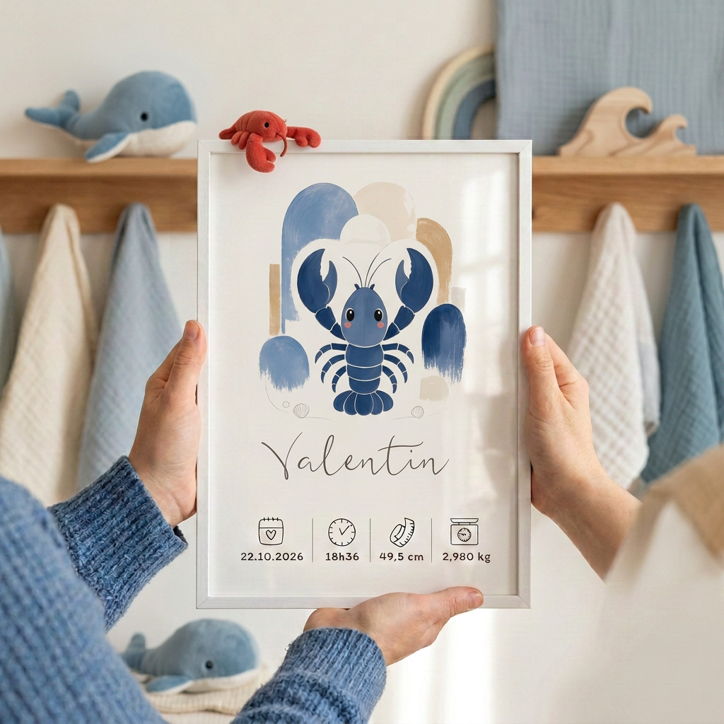 Affiche Homard Valentin dans un cadre blanc A4 tenu en mains, ambiance marine douce