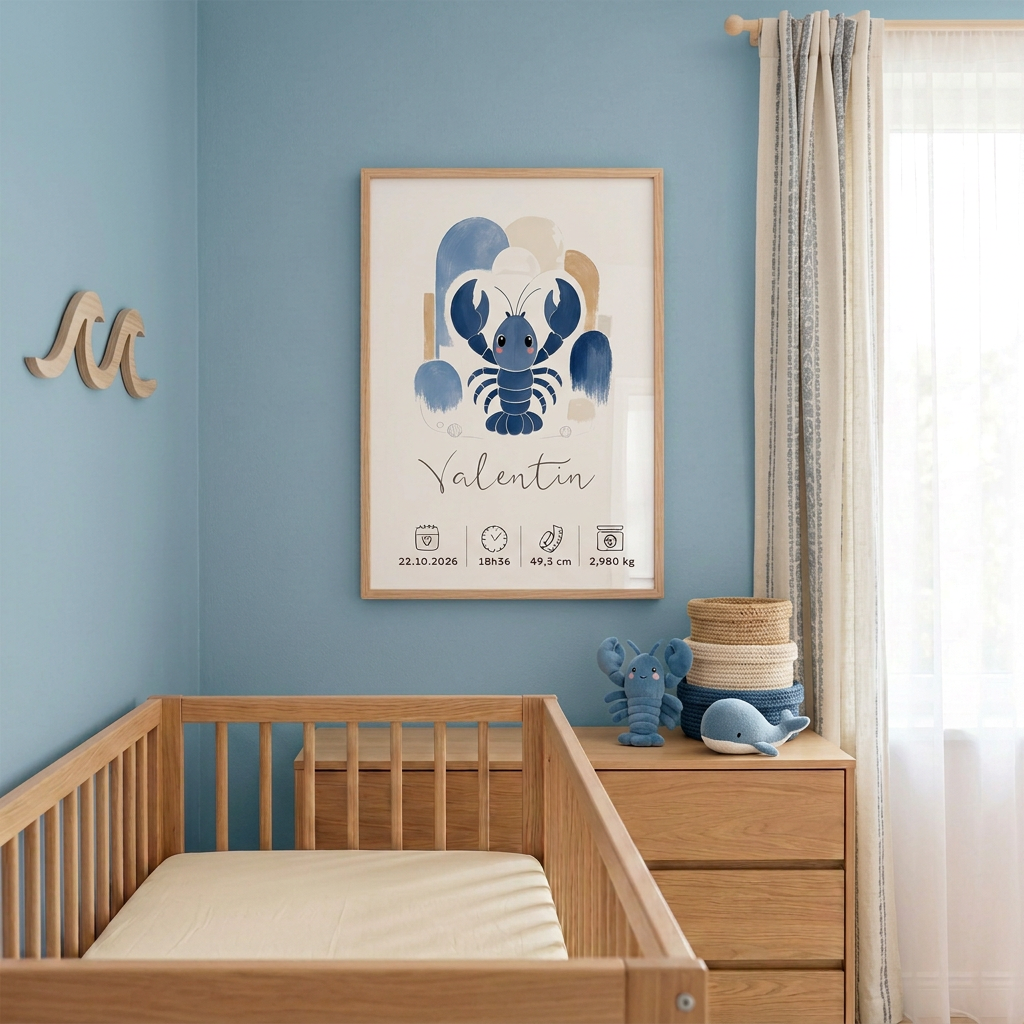 Affiche Homard Valentin encadrée dans une chambre bébé aux tons bleu doux, sable et crème