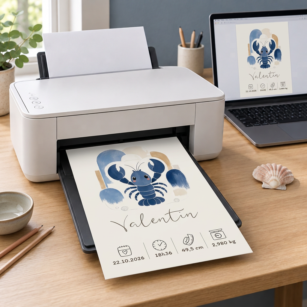 Affiche Homard Valentin imprimée à la maison, avec le même visuel sur l’écran de l’ordinateur, dans une ambiance bleu doux, sable et crème