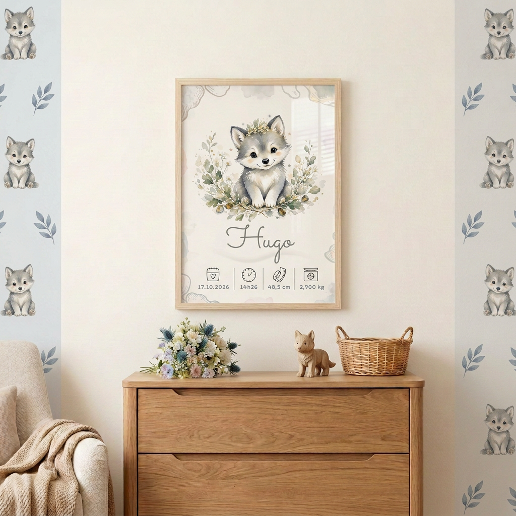 Affiche Hugo au-dessus d’une commode dans une chambre assortie