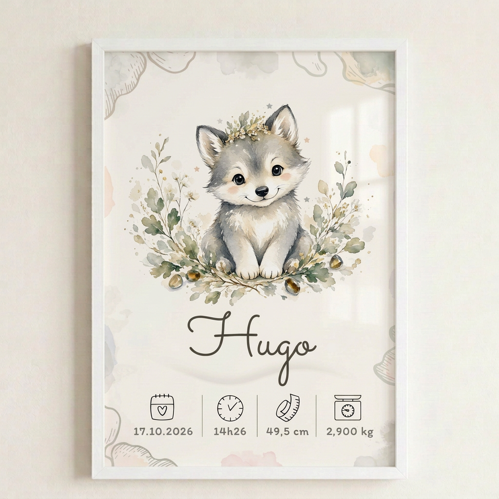 Affiche Hugo dans un cadre blanc au mur