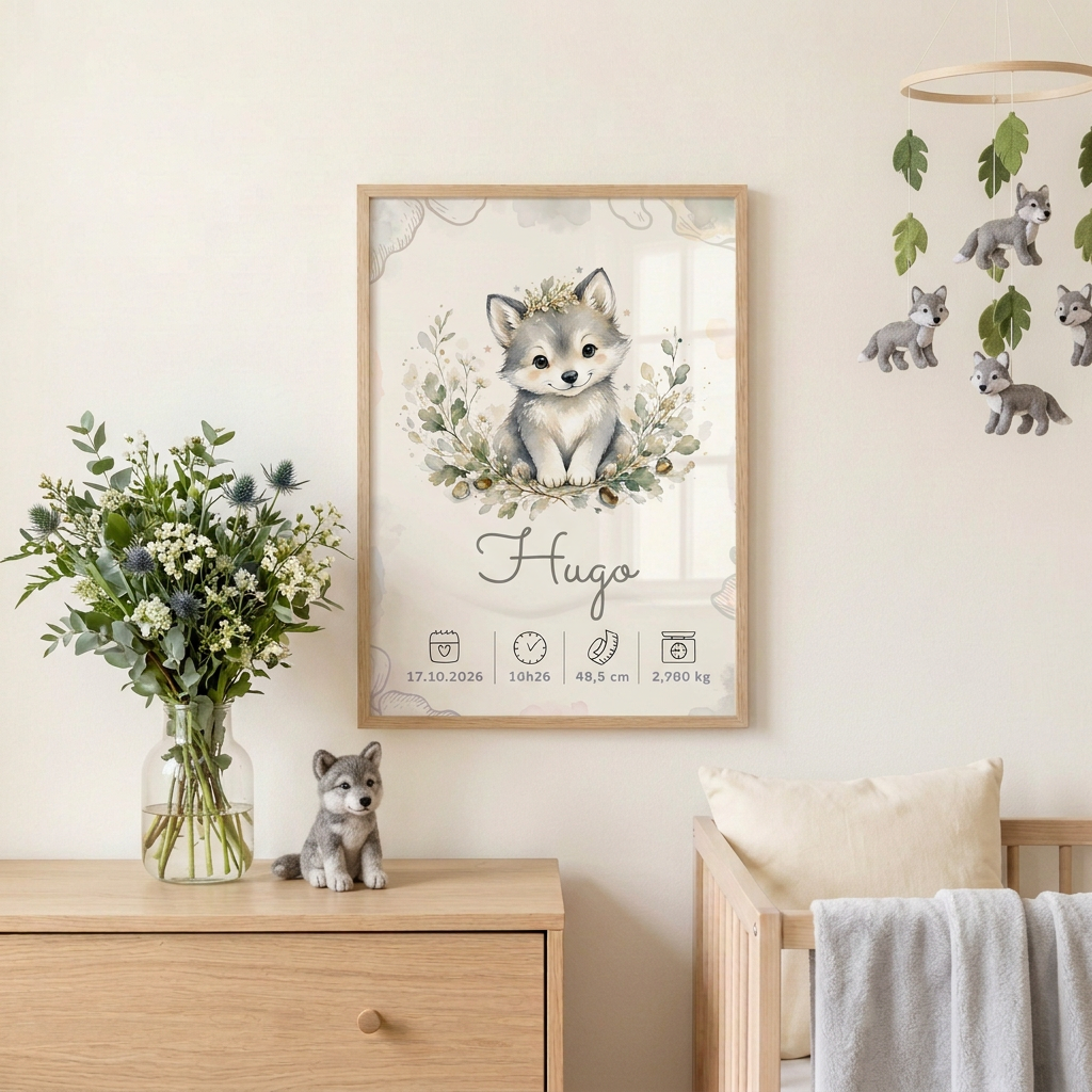 Affiche Hugo dans une chambre décorée de louveteaux et de feuillages