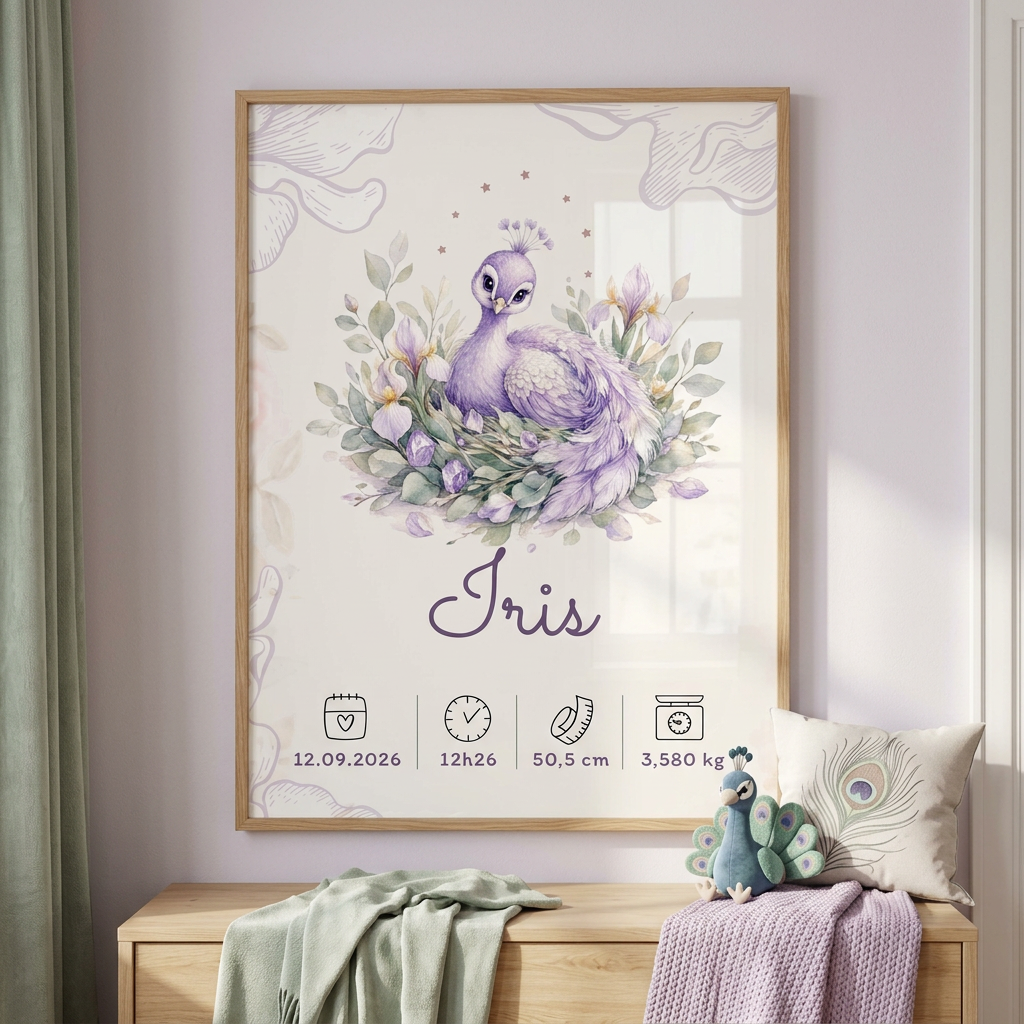 Affiche Iris avec cadre marron clair et plexiglas dans une chambre d’enfant sur le thème du paon