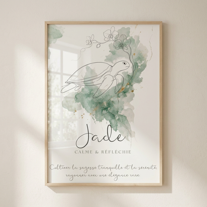 Affiche Jade A3 dans un cadre en bois clair avec plexiglas