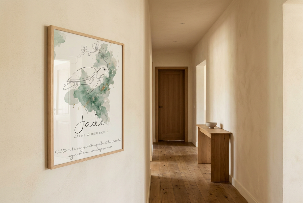 Affiche Jade A3 encadrée avec plexiglas dans un couloir lumineux