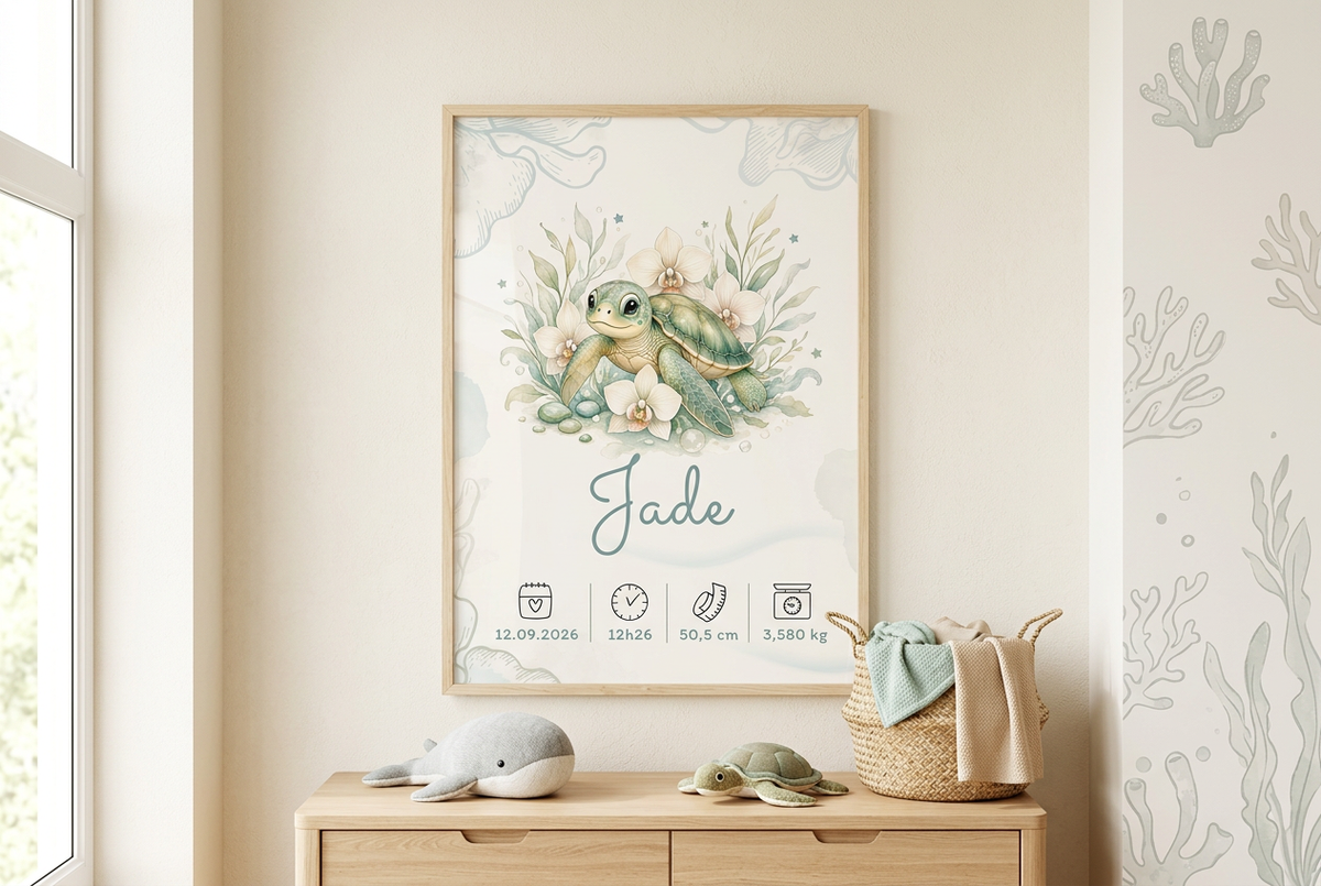 Affiche Jade encadrée en bois clair avec plexiglas dans une chambre sur le thème des animaux marins