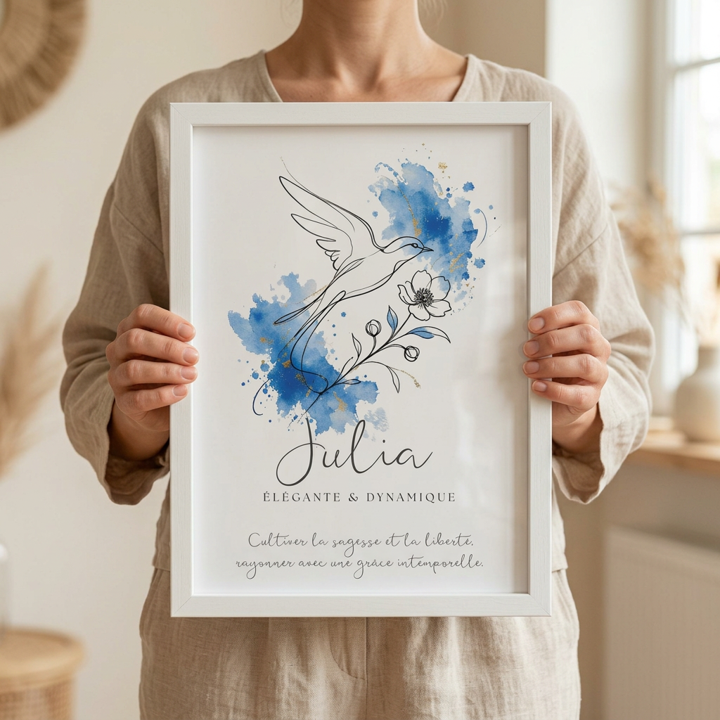 Affiche Julia dans un cadre en bois blanc avec plexiglas, tenue par une personne
