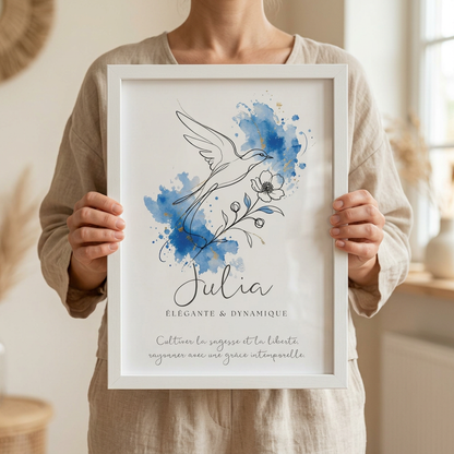 Affiche Julia dans un cadre en bois blanc avec plexiglas, tenue par une personne