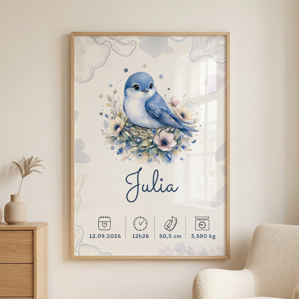 Affiche Julia dans un cadre en bois clair accroché au mur d’une pièce lumineuse