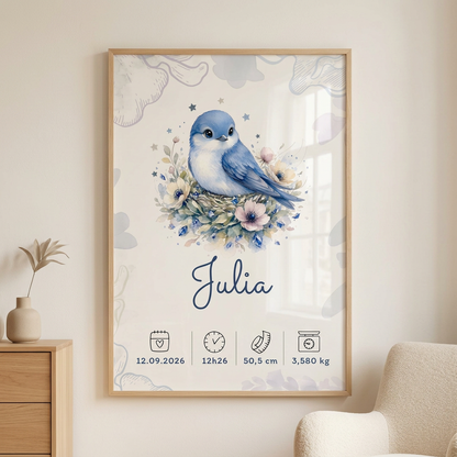 Affiche Julia dans un cadre en bois clair accroché au mur d’une pièce lumineuse