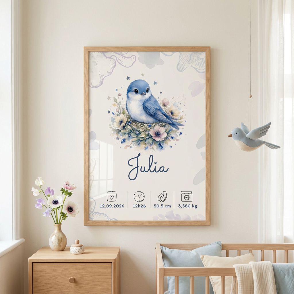 Affiche Julia dans un cadre en bois clair avec plexiglas, dans une chambre printanière bleue aux motifs d’oiseaux