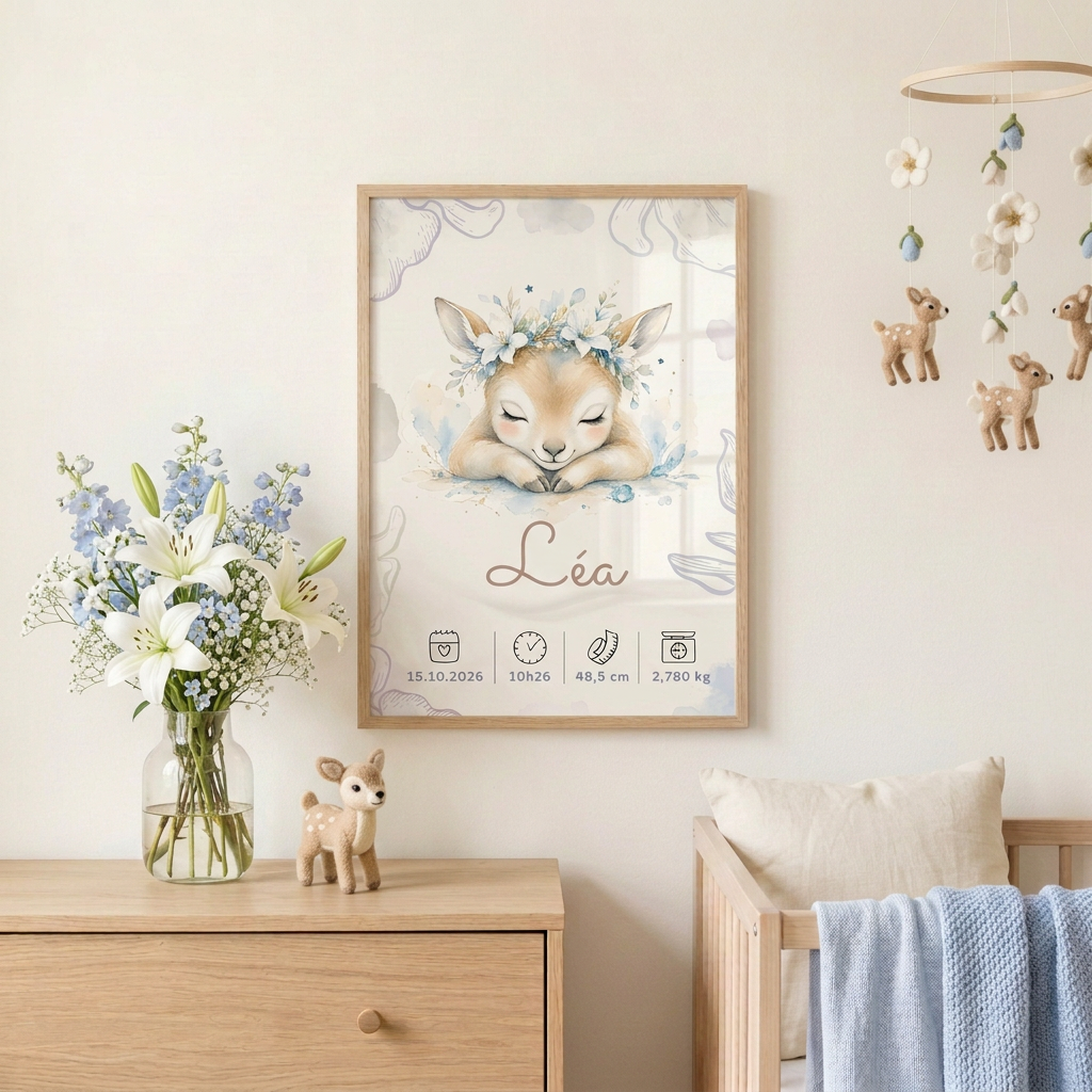 Affiche Léa dans une chambre printanière décorée de faons et de fleurs