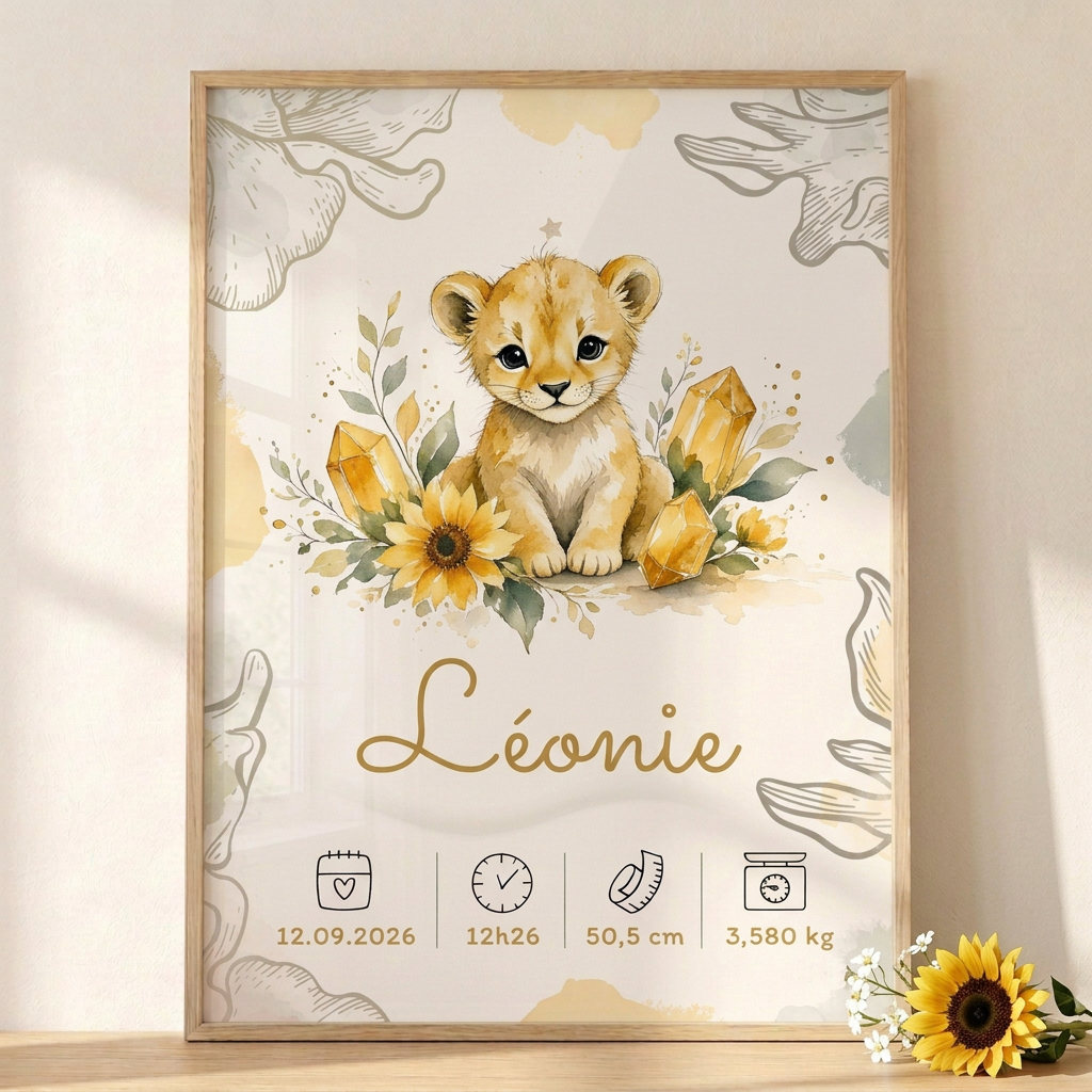 Affiche Léonie dans un cadre en bois clair en lumière solaire, avec plexiglas