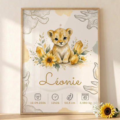 Affiche Léonie dans un cadre en bois clair en lumière solaire, avec plexiglas