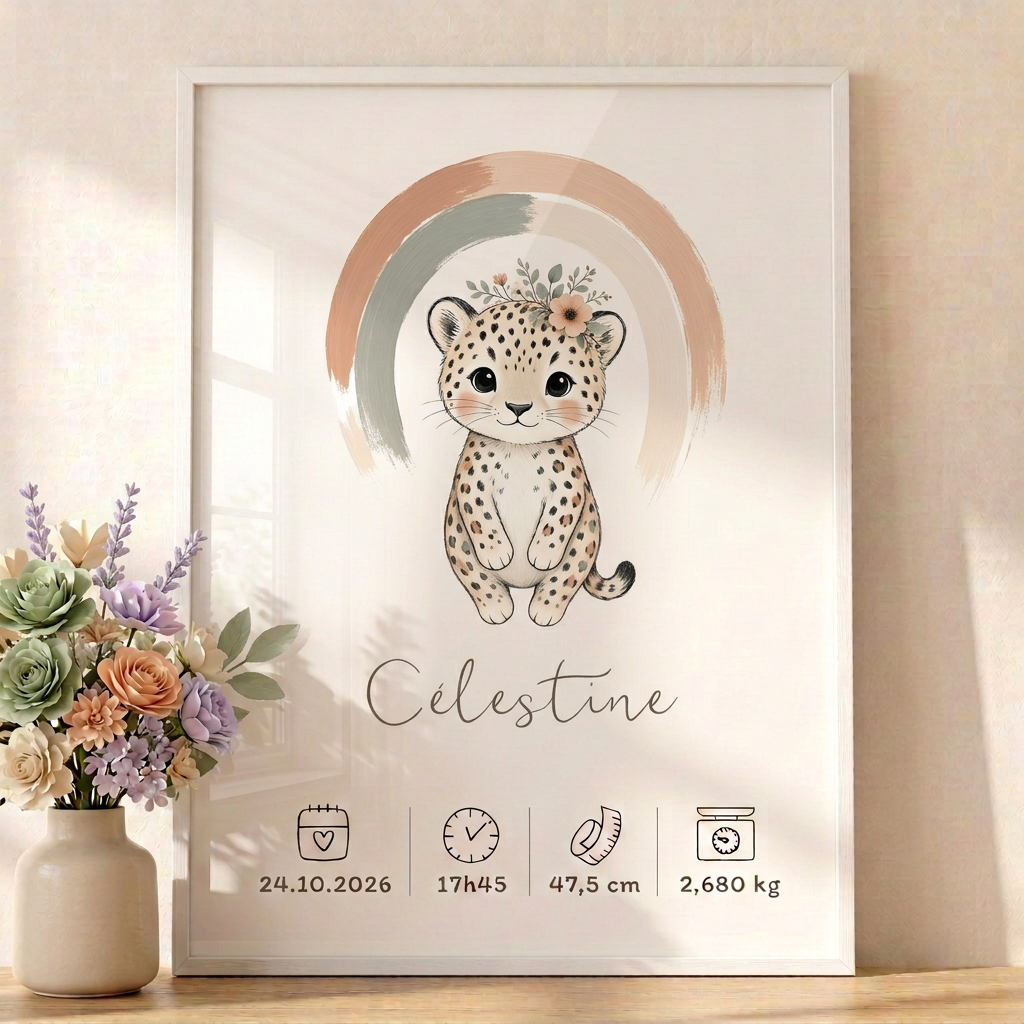 Affiche léopard Célestine en cadre blanc avec bouquet pastel