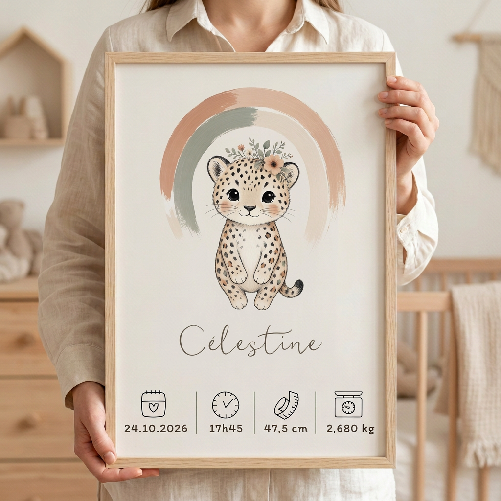 Affiche léopard Célestine en cadre bois clair tenue par une personne