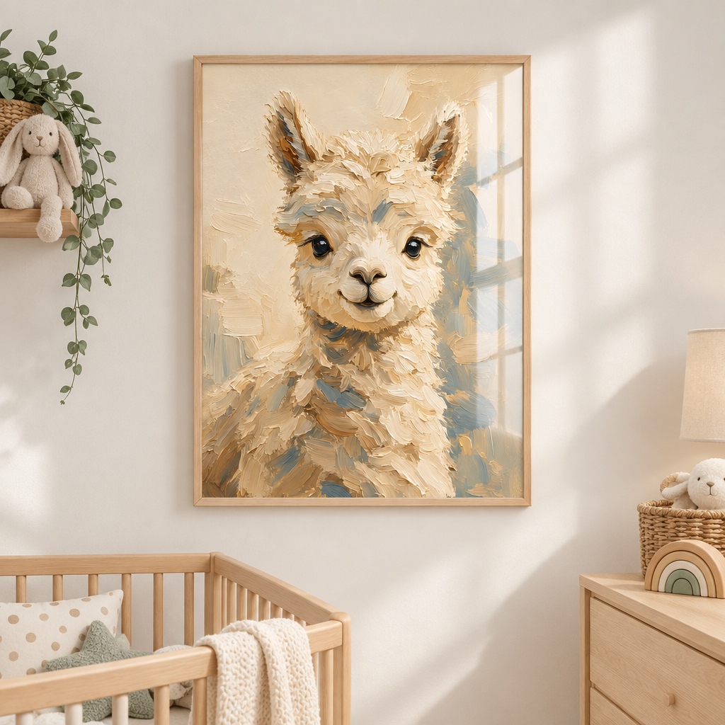 Affiche lama encadrée sous plexiglas dans une chambre de bébé