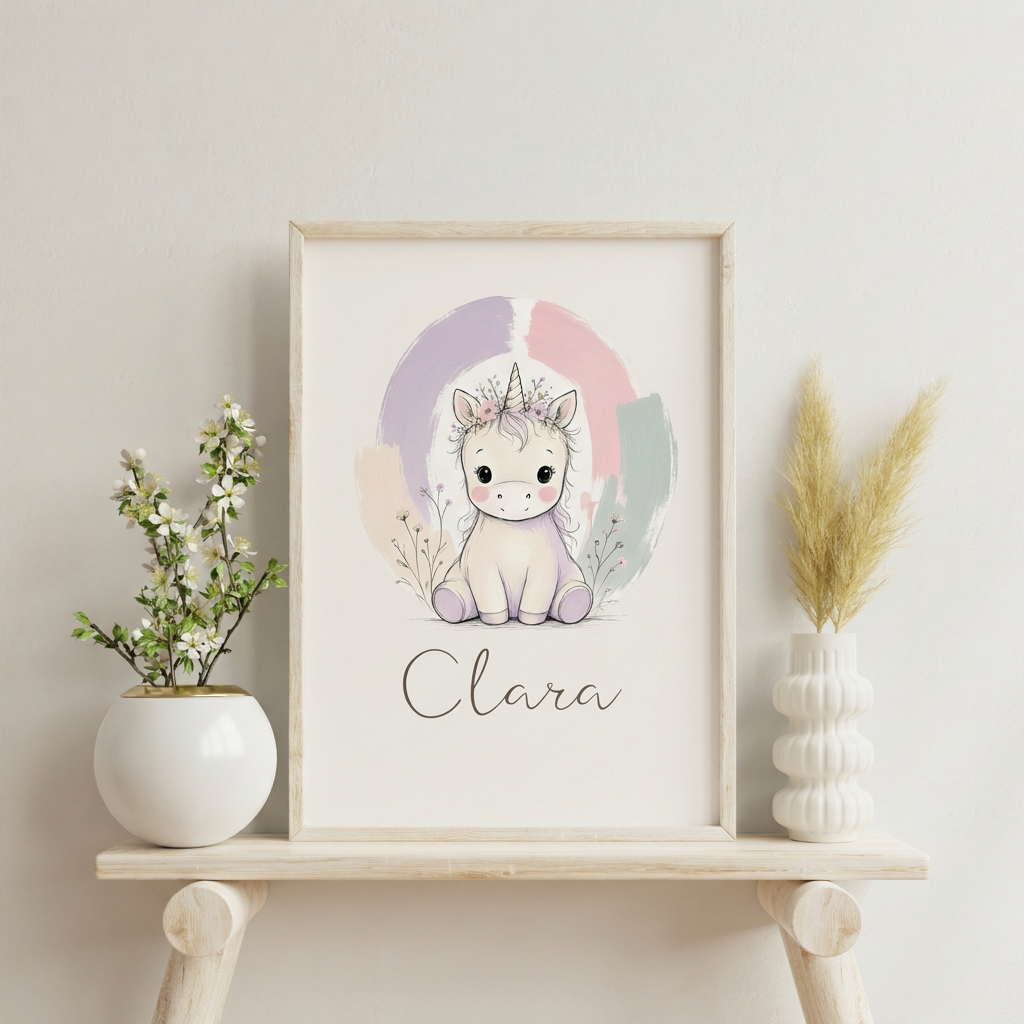 Affiche licorne Clara avec prénom seul encadrée sur une étagère