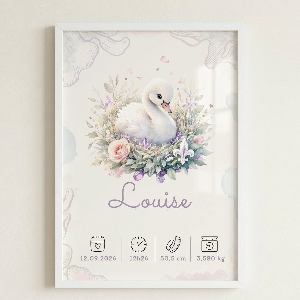Affiche Louise au cygne dans le cadre blanc avec plexiglas accroché au mur