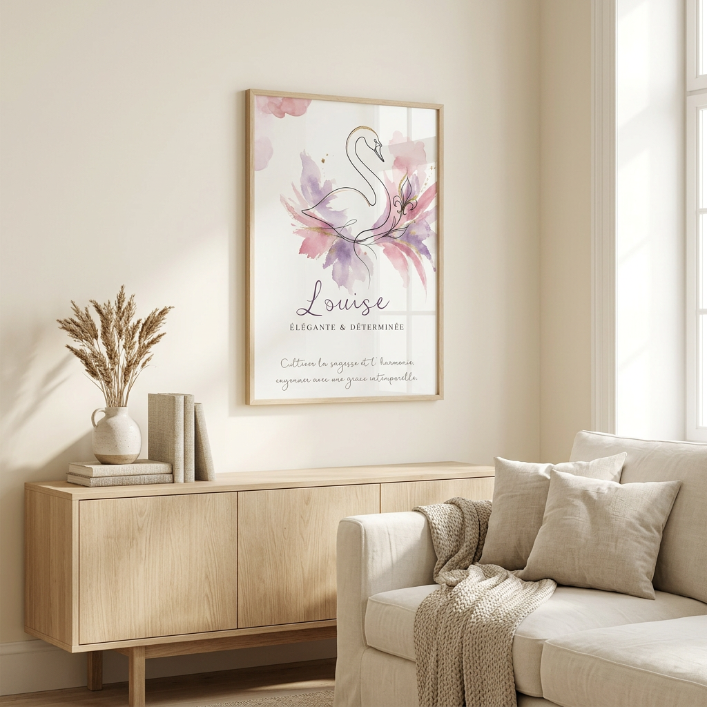Affiche Louise dans un salon lumineux, cadre bois clair avec plexiglas