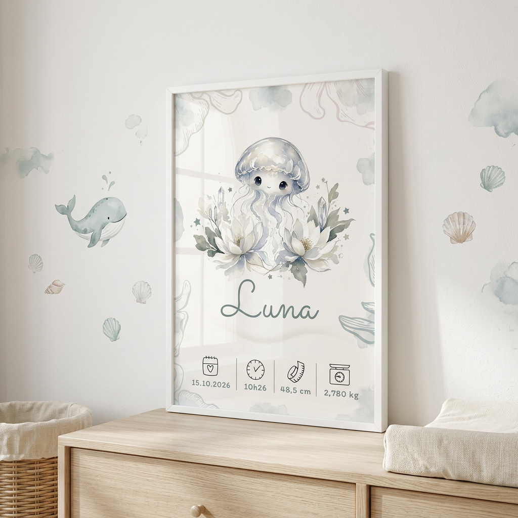 Affiche Luna au mur vue de trois quarts dans une chambre sur le thème de la mer