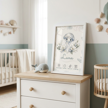 Affiche Luna encadrée au format A4 dans une chambre lumineuse sur le thème de la mer