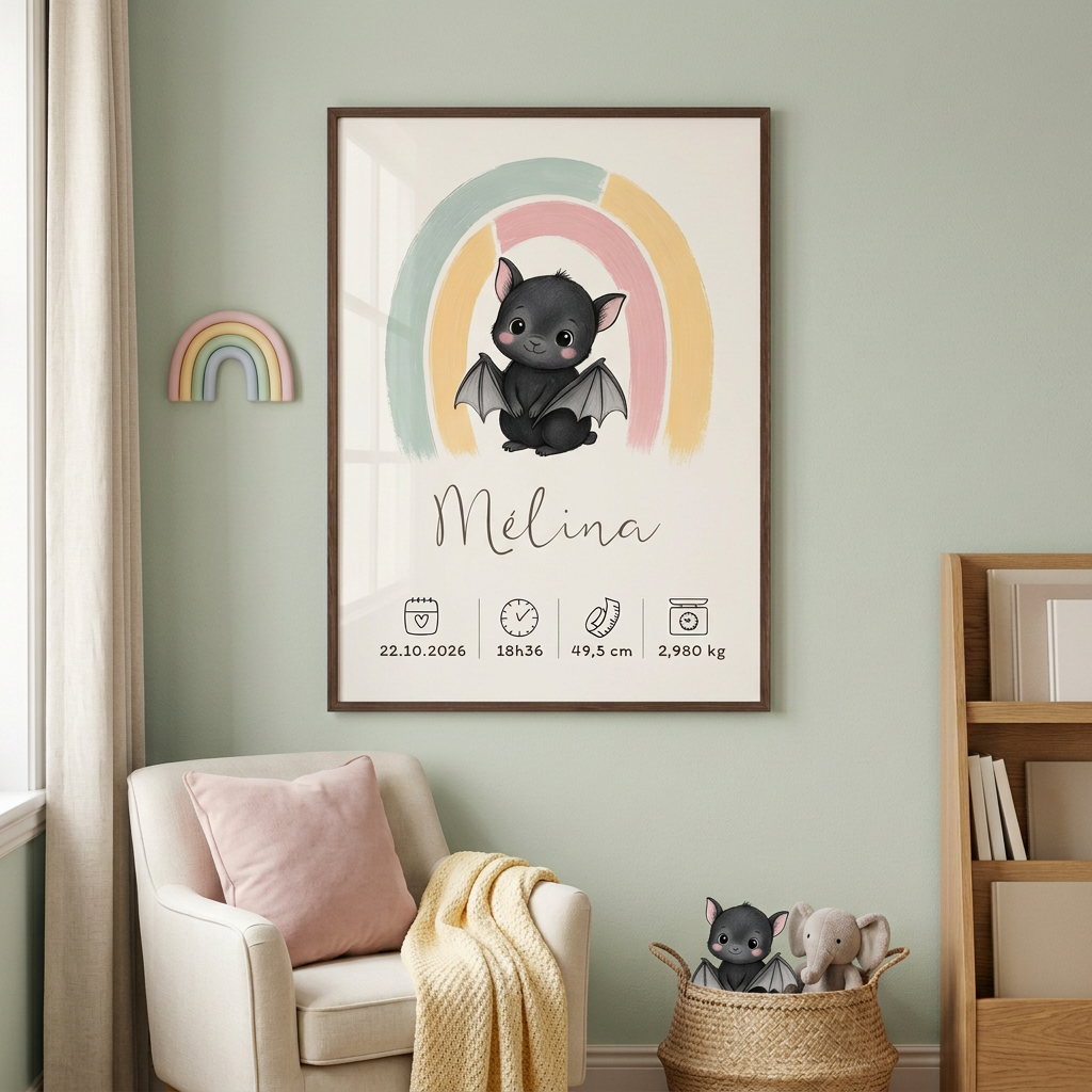 Affiche Mélina dans un cadre bois foncé A2 au-dessus d’un coin lecture pastel et animaux