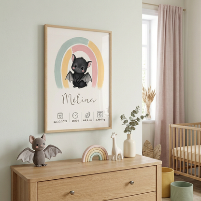 Affiche Mélina encadrée en bois naturel A3 dans une chambre bébé arc-en-ciel pastel