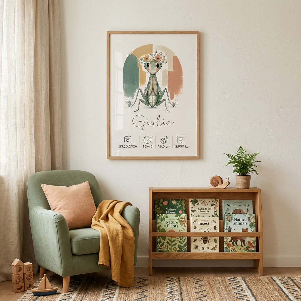 Affiche Mante religieuse Giulia dans un cadre marron clair A3 au mur d’un coin lecture