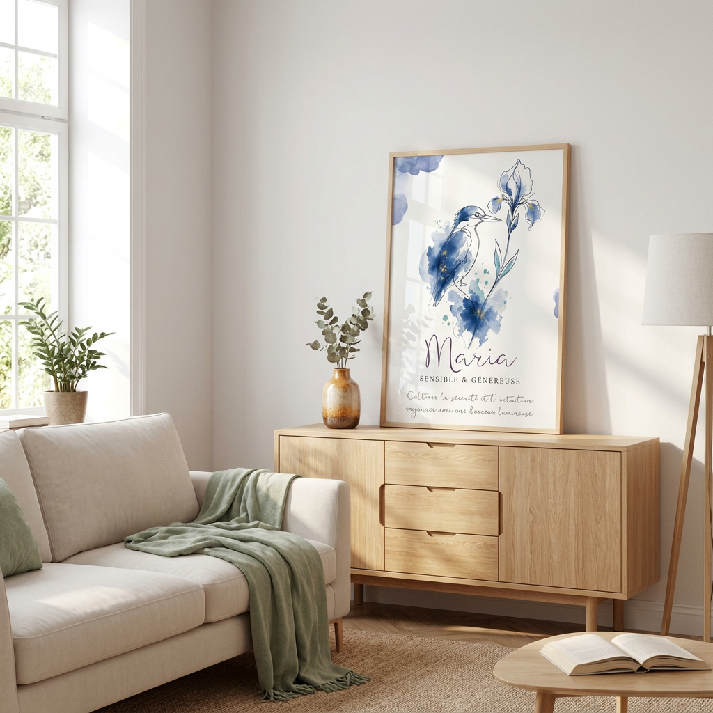 Affiche Maria avec cadre bois clair et plexiglas dans un salon