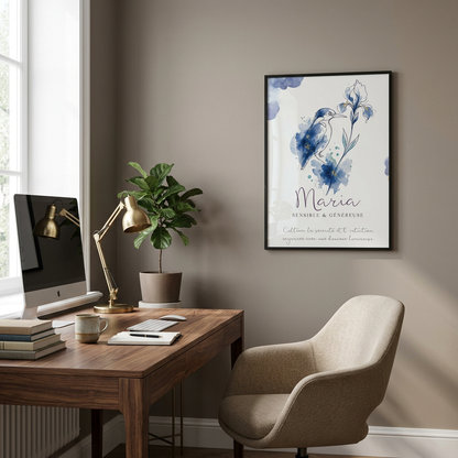 Affiche Maria avec cadre noir et plexiglas dans un bureau
