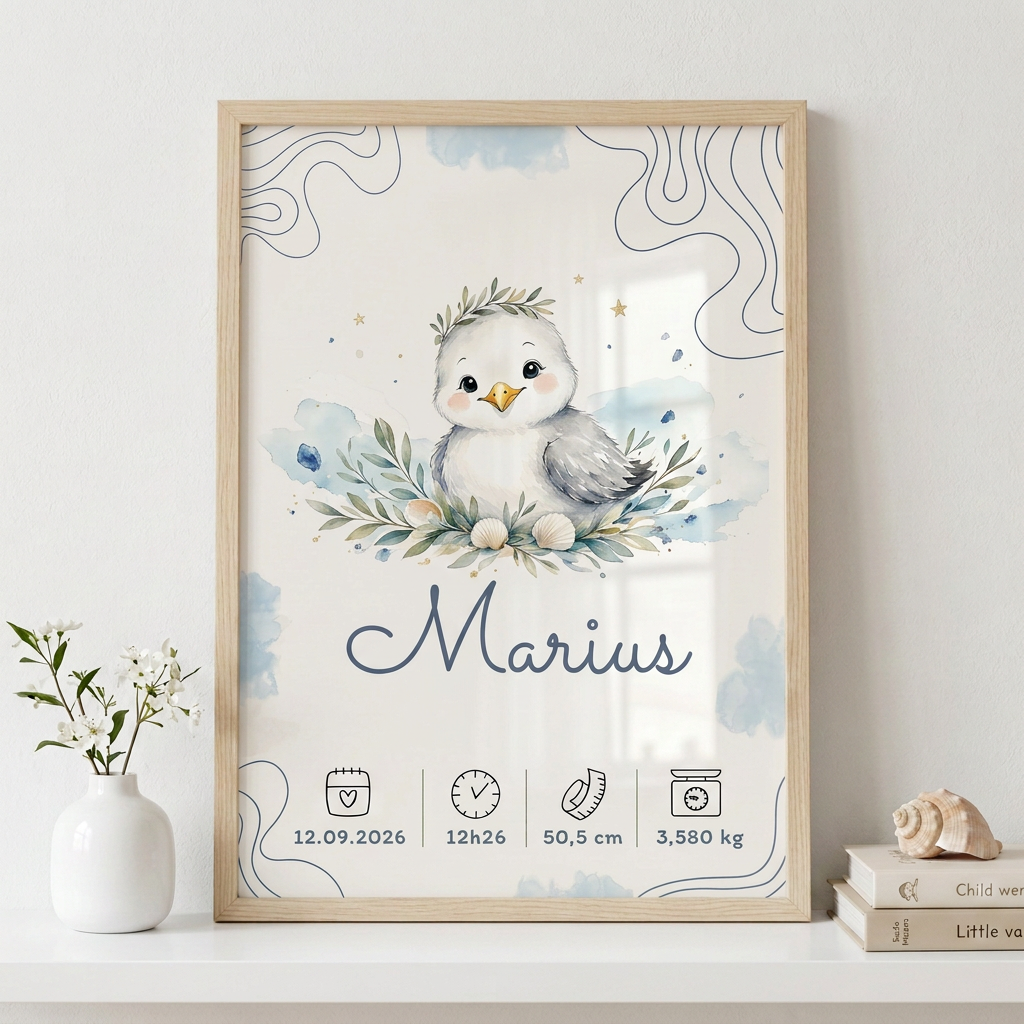 Affiche Marius dans un cadre en bois clair avec plexiglas sur une étagère