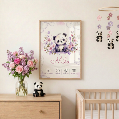 Affiche Mila dans une chambre aux pandas et fleurs roses