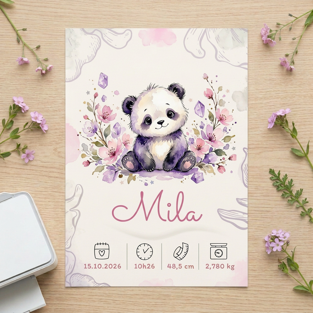 Affiche Mila posée sur une table avec des fleurs roses et lilas