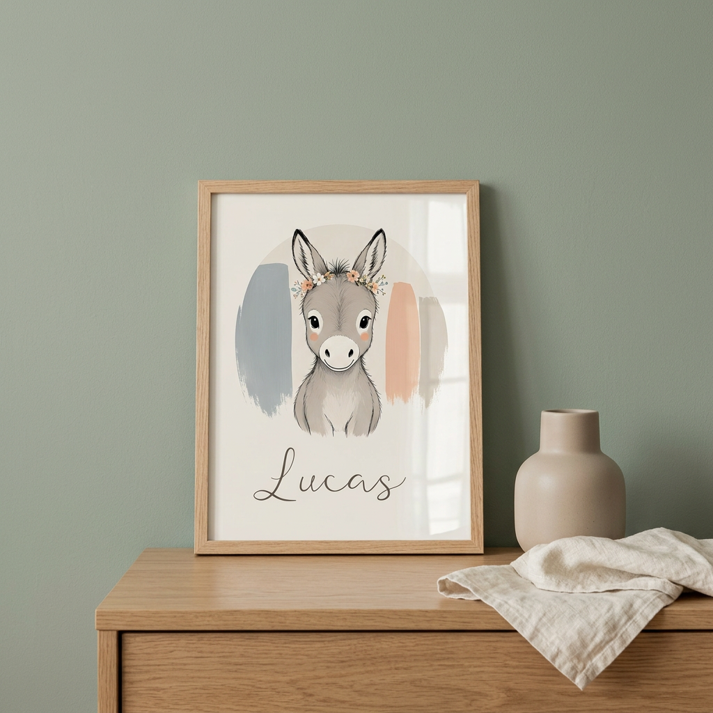 Affiche âne Lucas avec prénom seul dans un cadre en bois naturel sur une commode