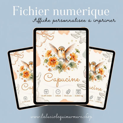 Affiche numérique Capucine présentée sur trois tablettes