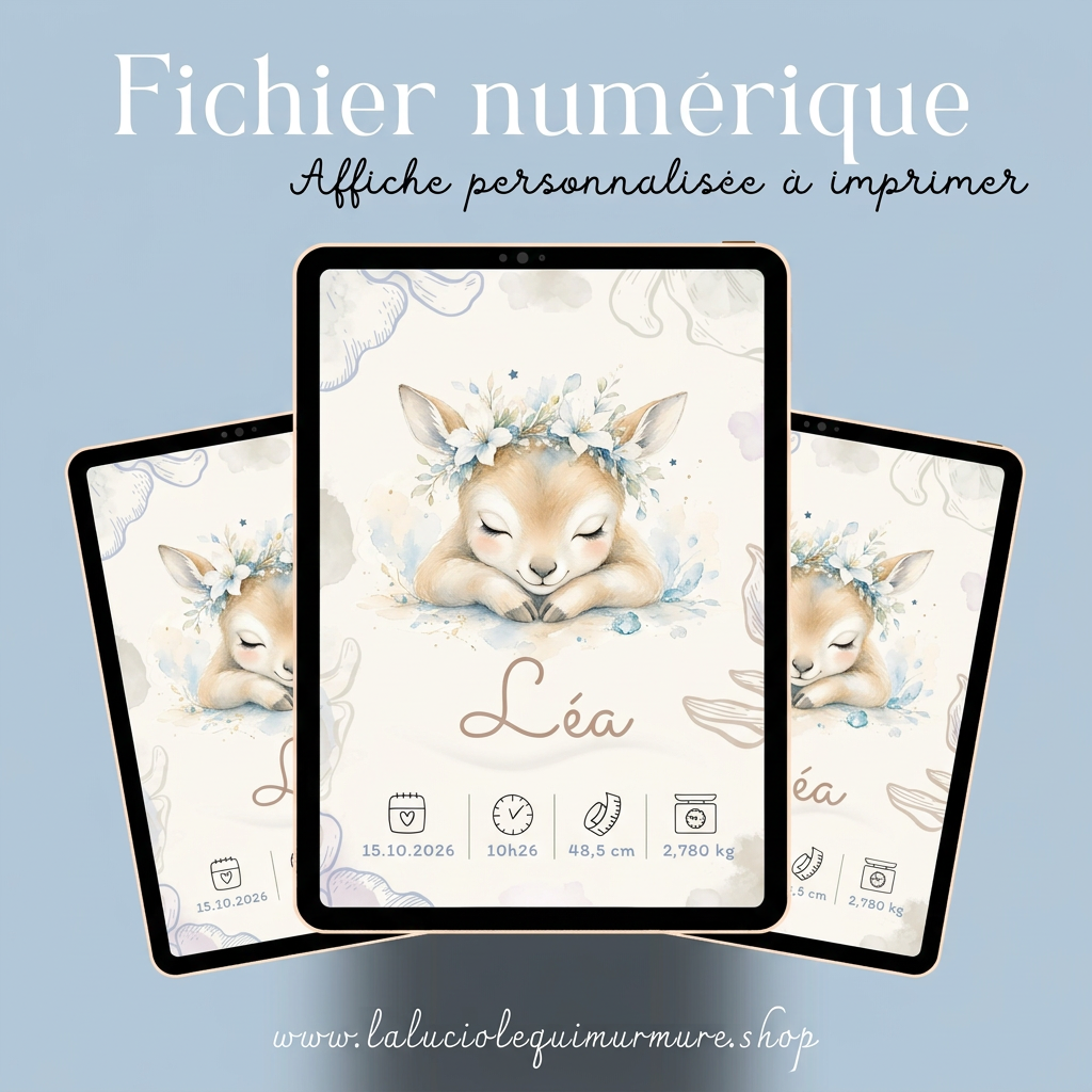 Affiche numérique Léa présentée sur trois tablettes