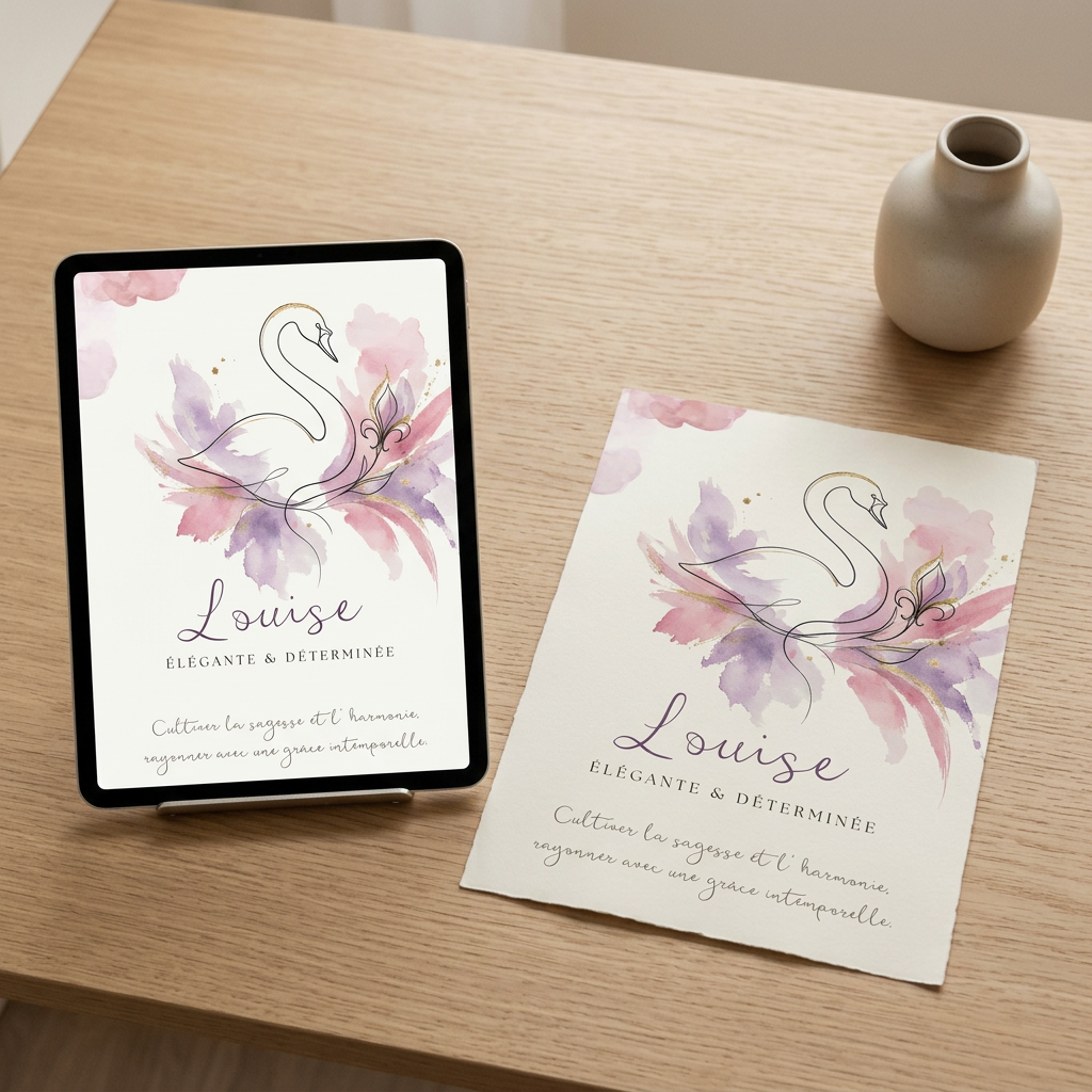 Affiche numérique Louise sur tablette avec aperçu imprimé sans cadre