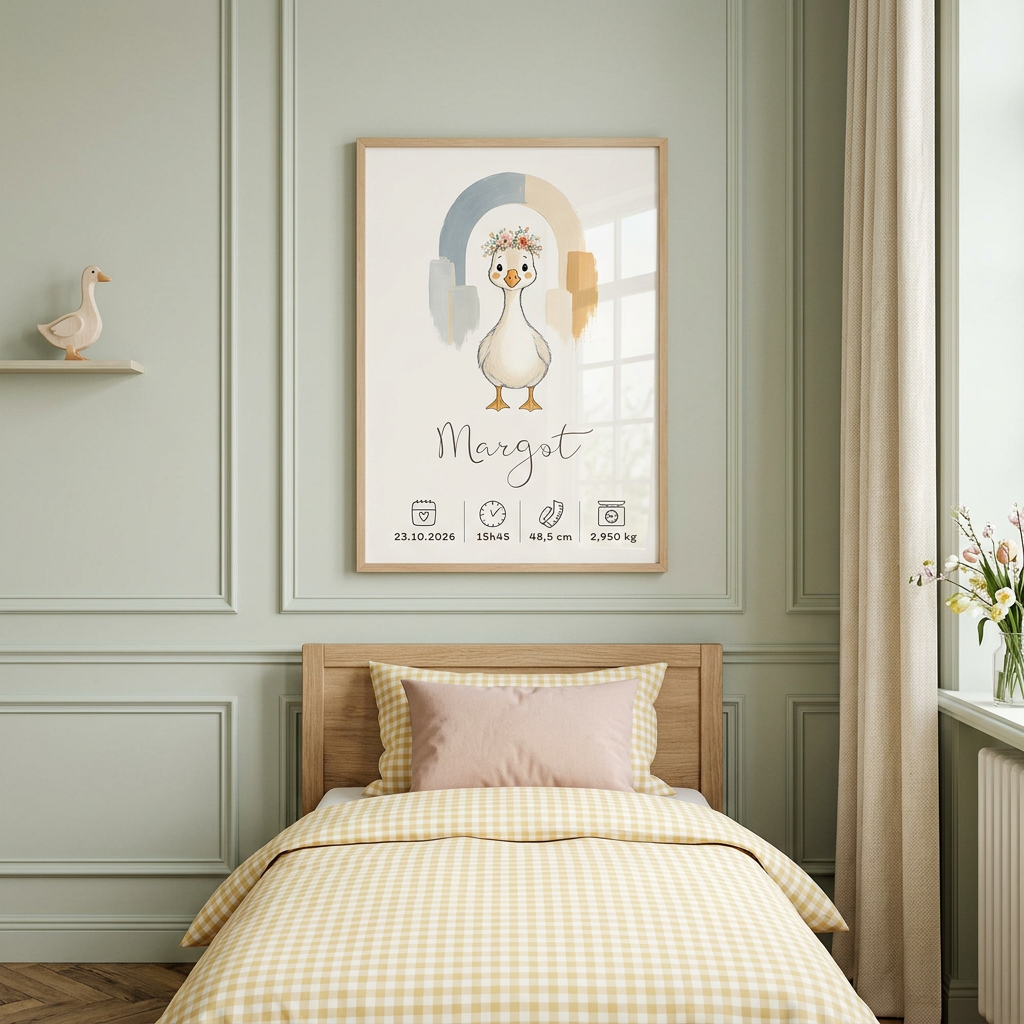 Affiche Oie Margot accrochée au mur dans un cadre marron clair A3, dans une chambre d’enfant pastel