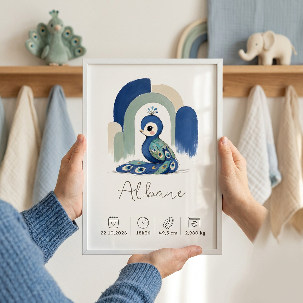 Affiche paon Albane dans un cadre blanc A4 tenu en mains