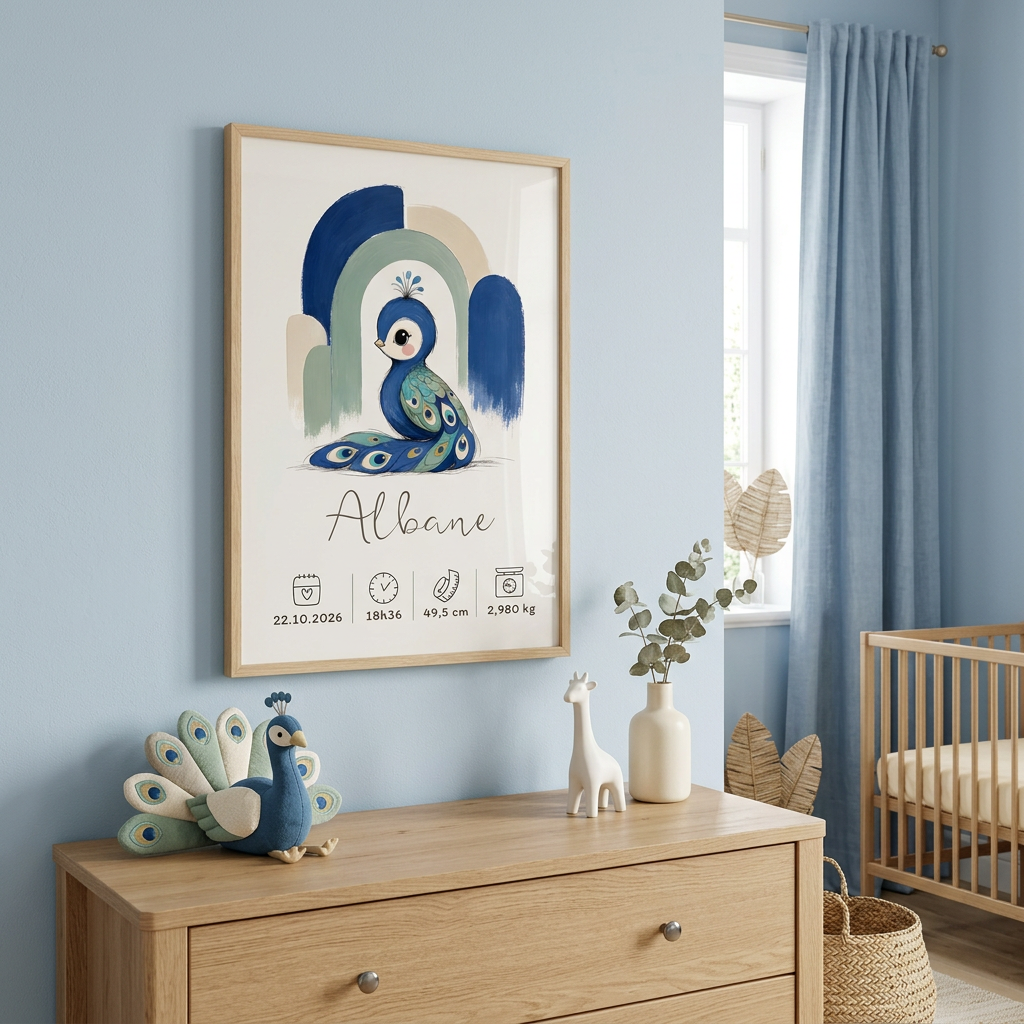 Affiche paon Albane dans un cadre bois naturel A3 dans une chambre bébé bleue