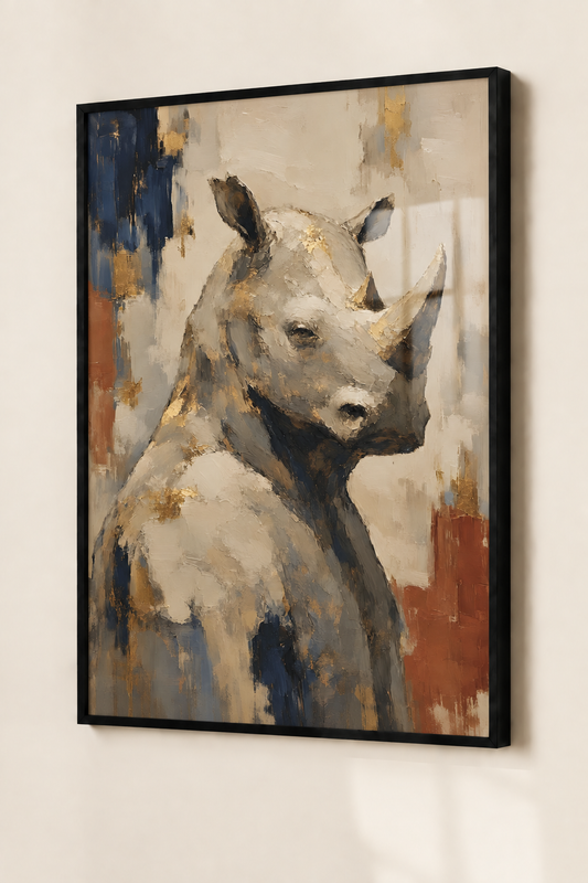 Affiche rhinocéros en cadre noir sur mur crème avec reflet de fenêtre sur le plexiglas