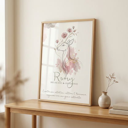 Affiche Romy dans un cadre en bois clair avec plexiglas, sans passe-partout