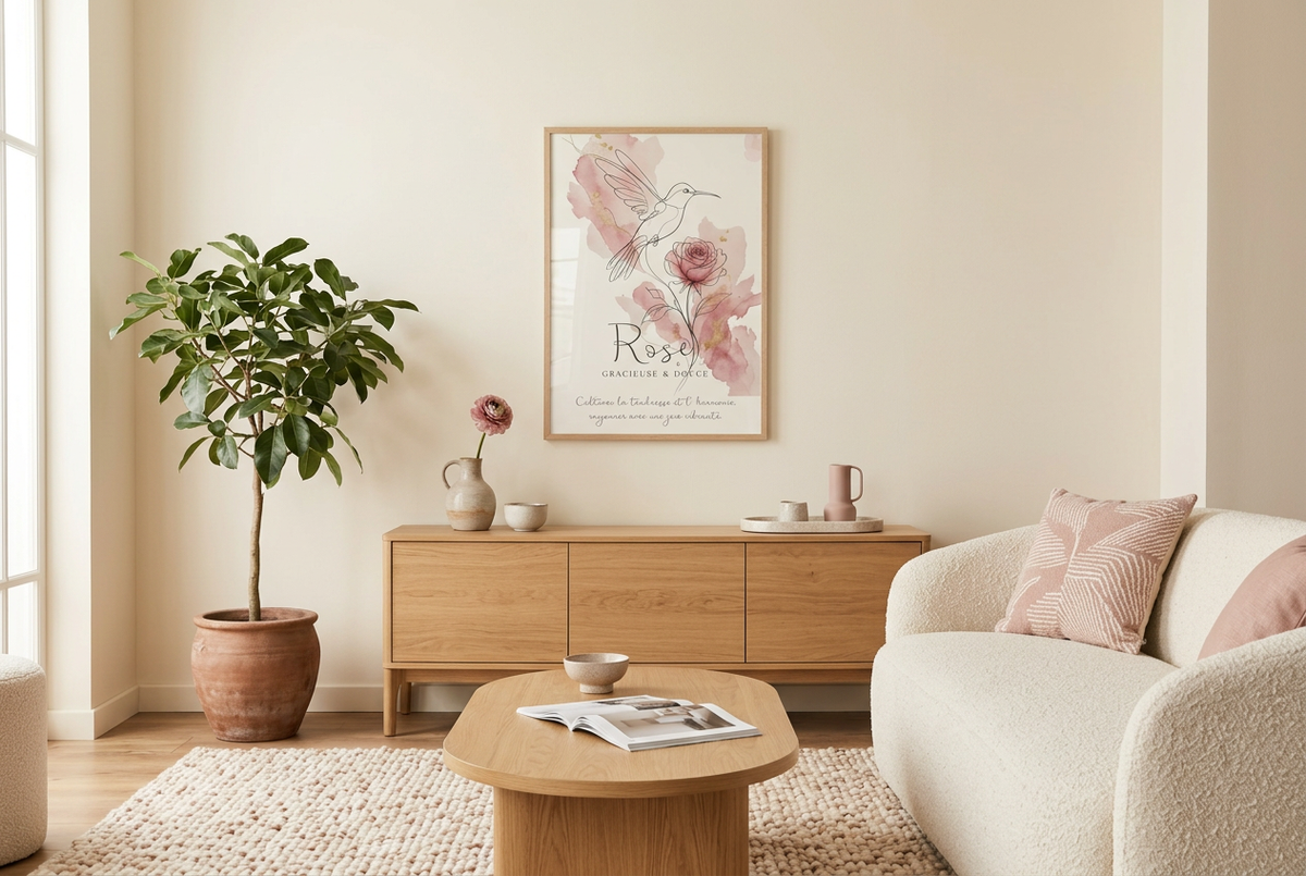 Affiche Rose encadrée dans un salon tendance
