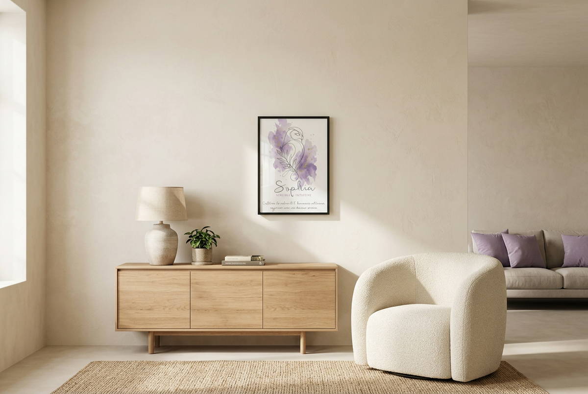 Affiche Sophia A4 dans un cadre noir avec plexiglas, dans une pièce tendance