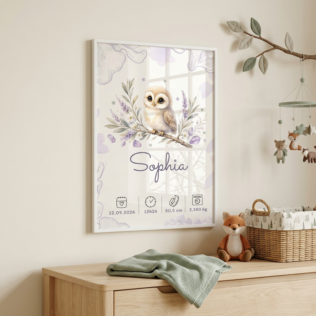 Affiche Sophia dans un cadre blanc A4 avec plexiglas, dans une chambre forêt